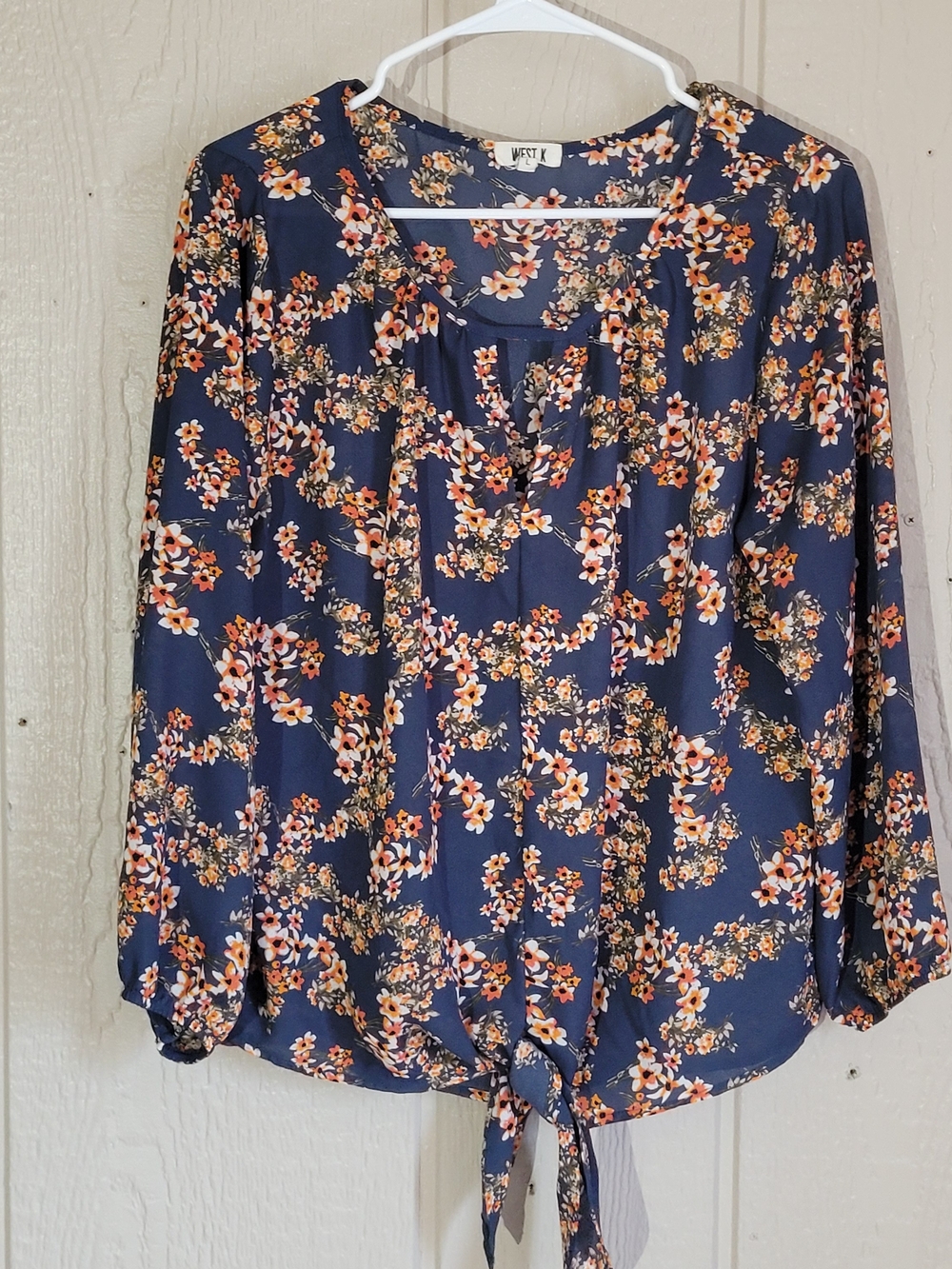 West K Navy Floral Tie-Front Blouse